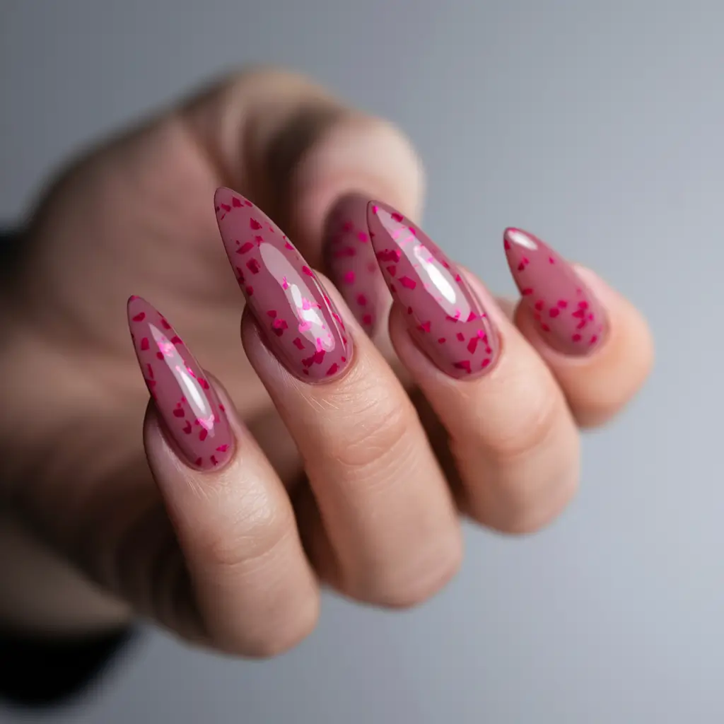 fall season nails 2025 Glossy Pink Confetti Spark