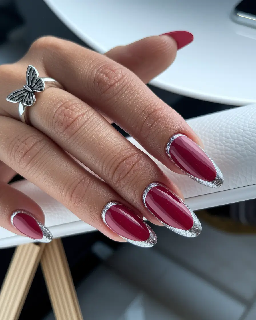 fall season nails 2025 Dark Red with Silver Halo