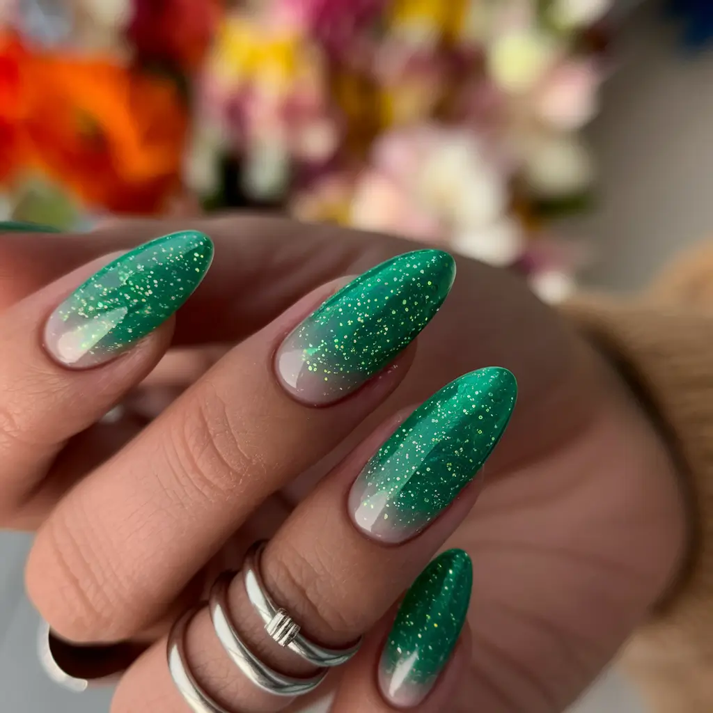fall season nails 2025 Shimmering Olive Green Fade