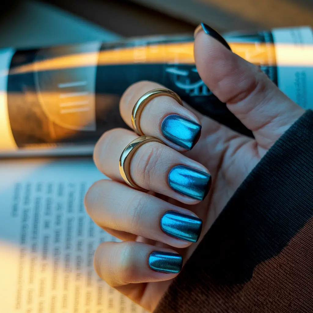 Fall Square Nails 2025 – Teal Chrome Glow on Short Squares