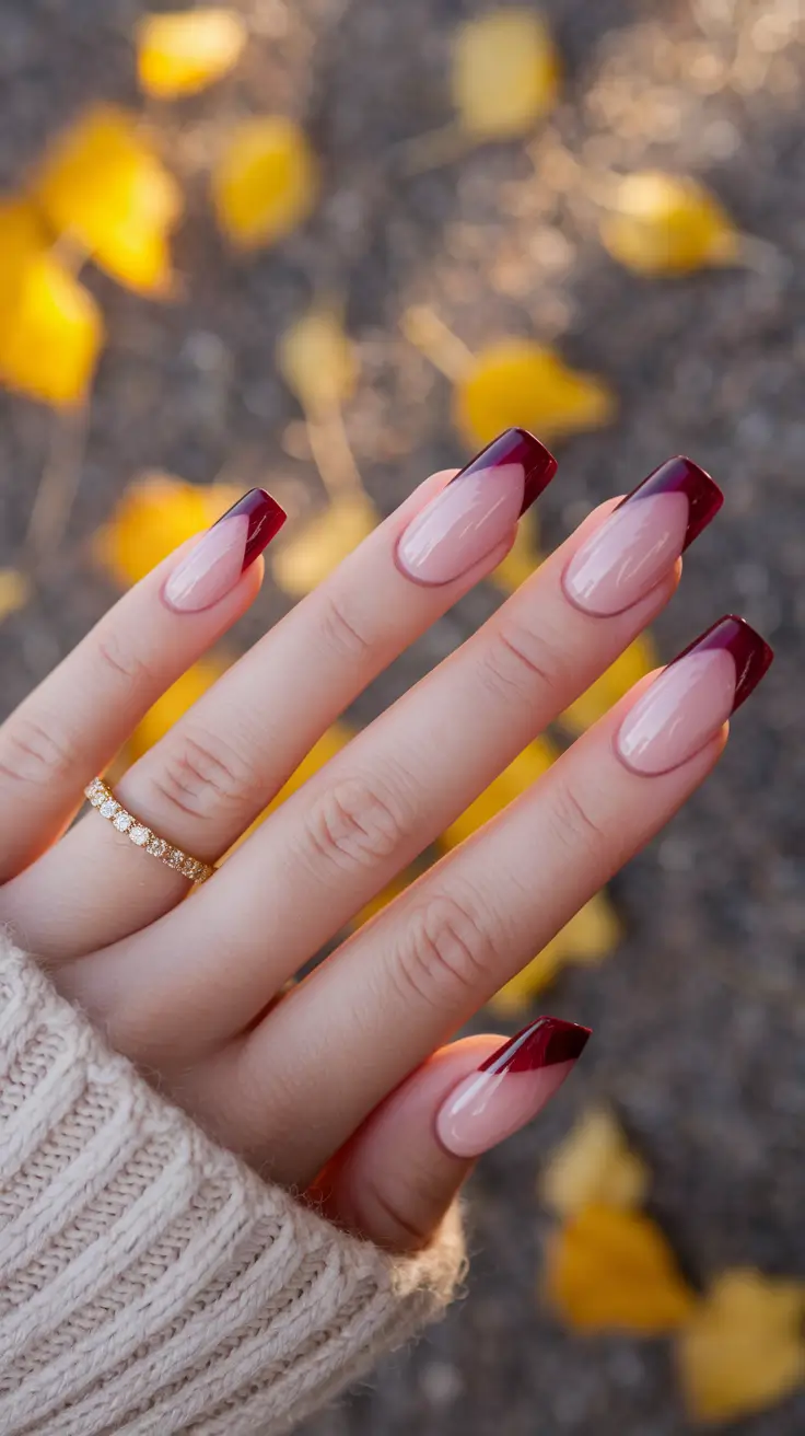 Fall Square Nails 2025 – Burgundy Angle French on Long Squares