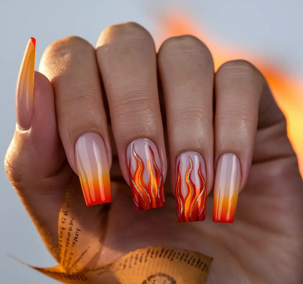 Fall Square Nails 2025 – Ember Fade with Chrome Flames