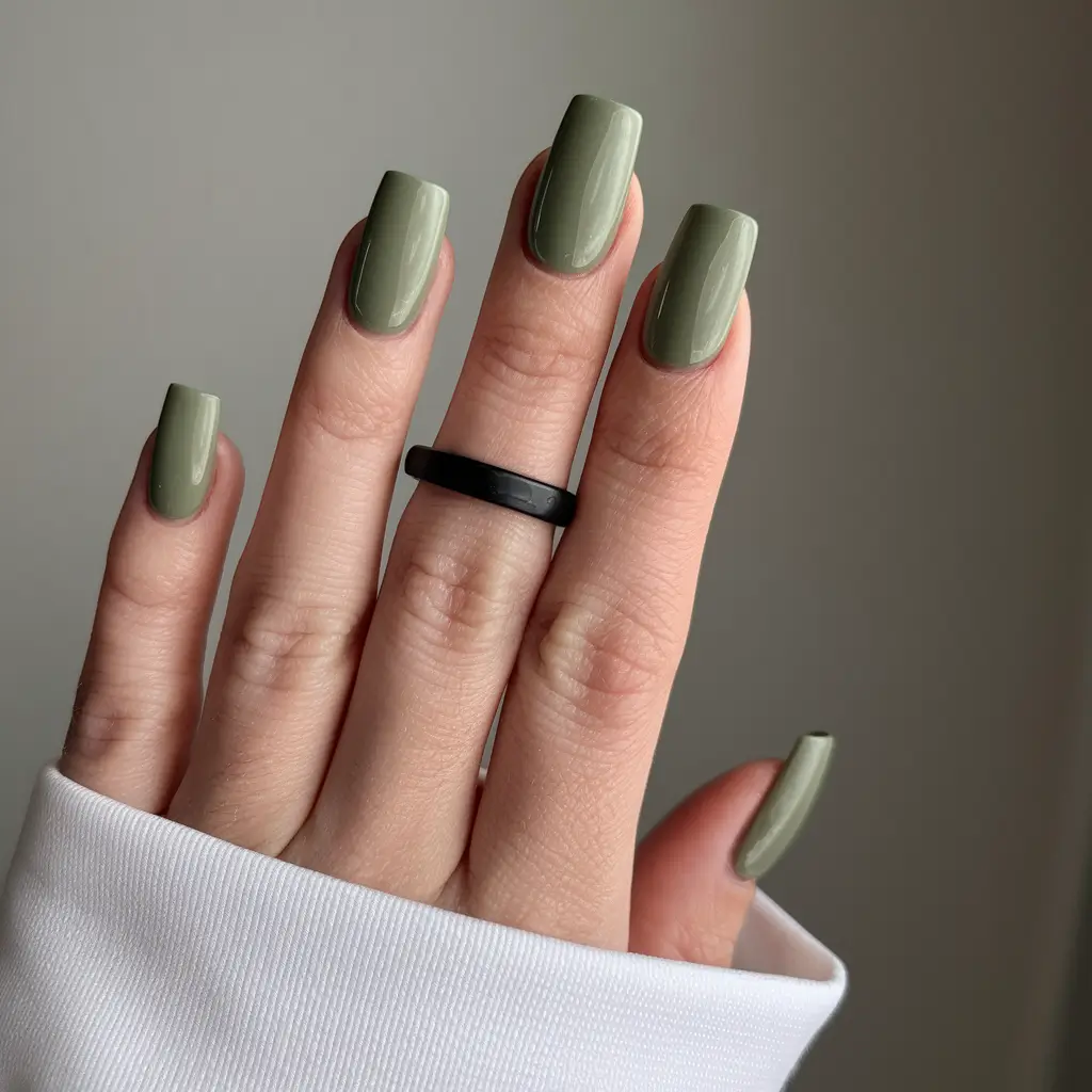 Fall Square Nails 2025 – Sage Utility Green on Polished Medium Squares