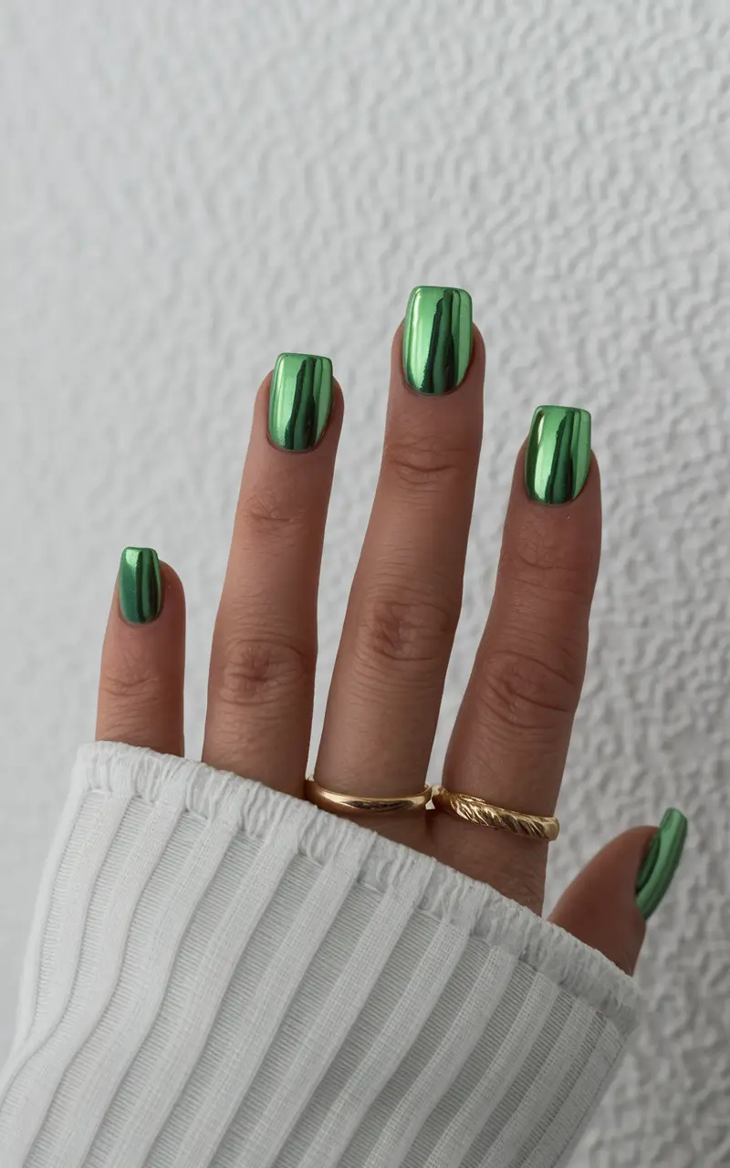 Fall Square Nails 2025 – Emerald Mirror Chrome (Short, Graphic, Now)