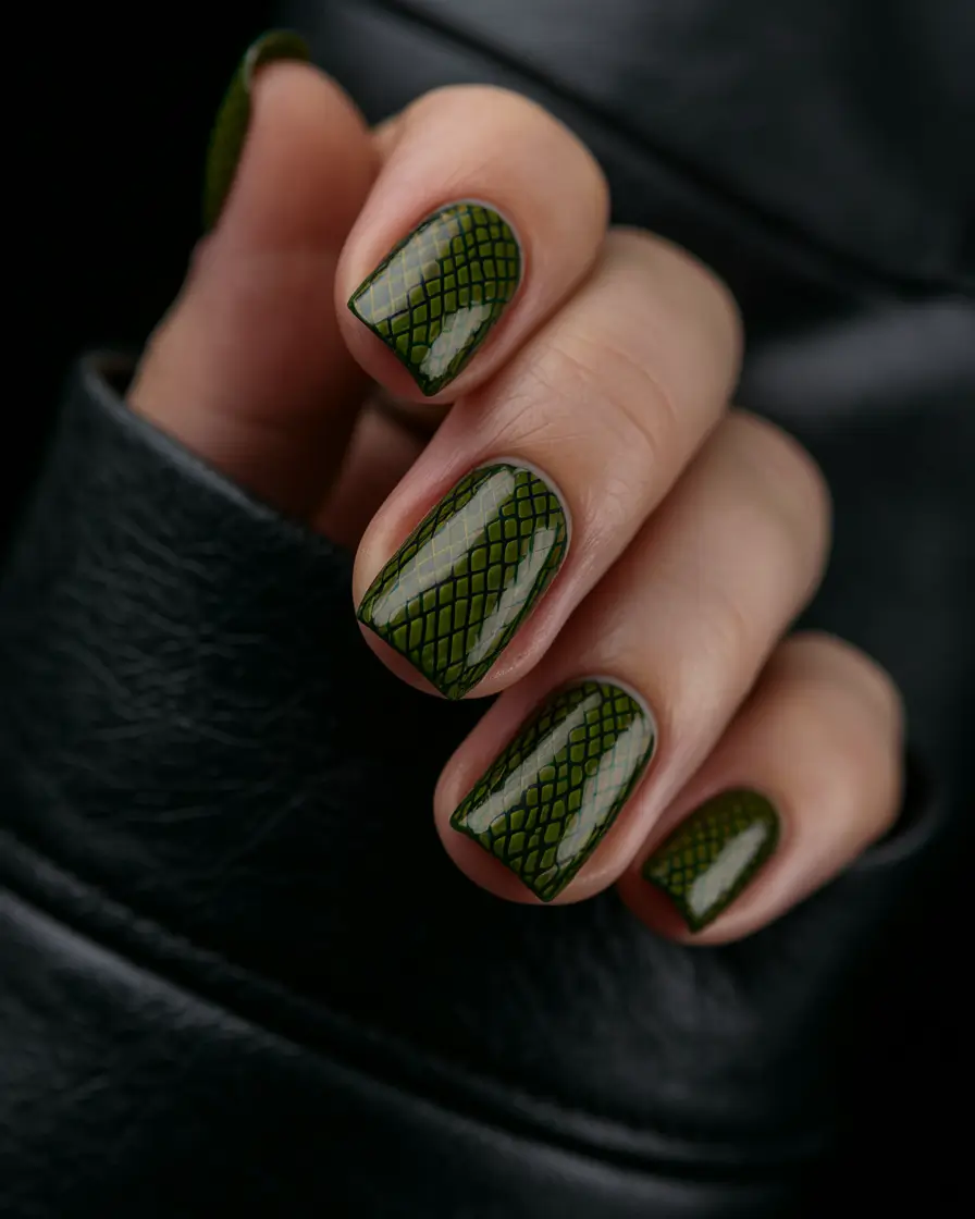 Fall Square Nails 2025 – Moss Grid Art for Subtle Edge