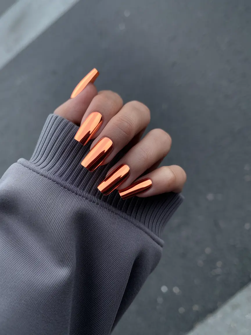 Fall Square Nails 2025 – Molten Copper Chrome on Ultra-Long Squares