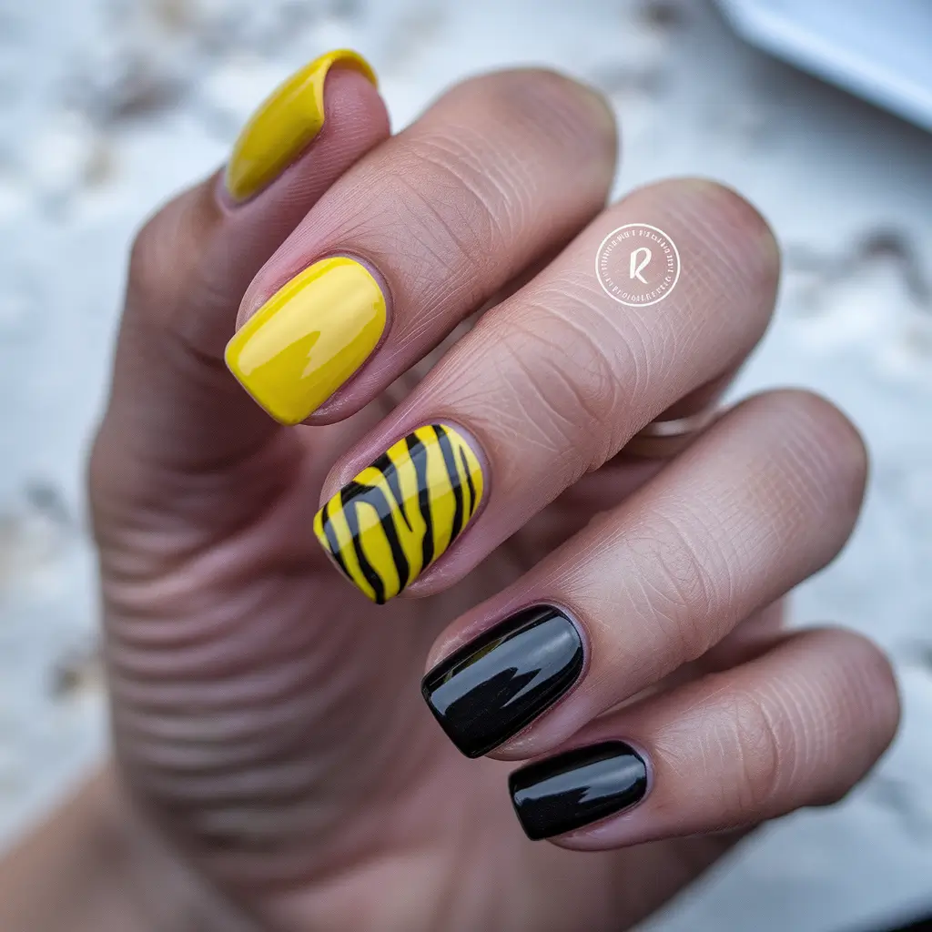 Fall Square Nails 2025 – Yellow + Black Mix with Graphic Stripe Accent