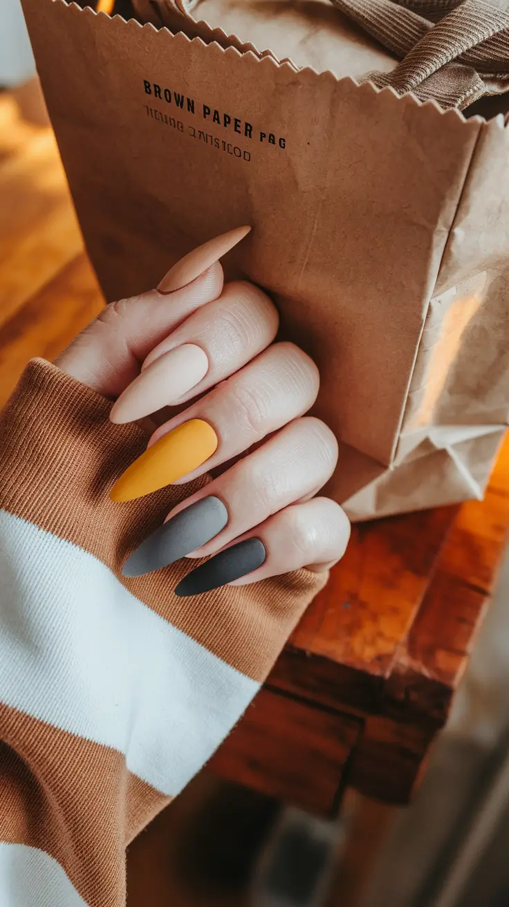 fall stiletto nails design matte Matte Earth Tones With a Pop of Mustard