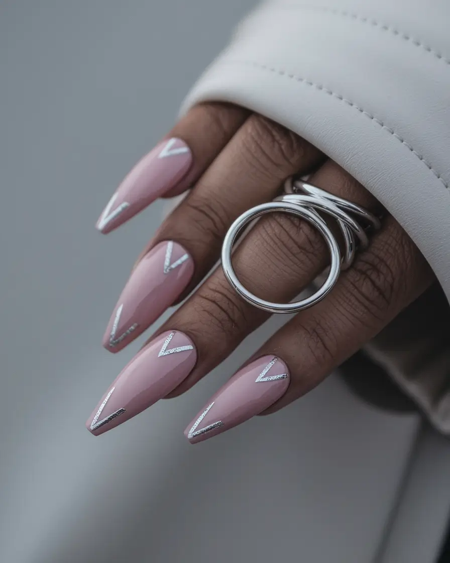 fall stiletto nails designs pink Pink V-Tips With Silver Glitter Outlines
