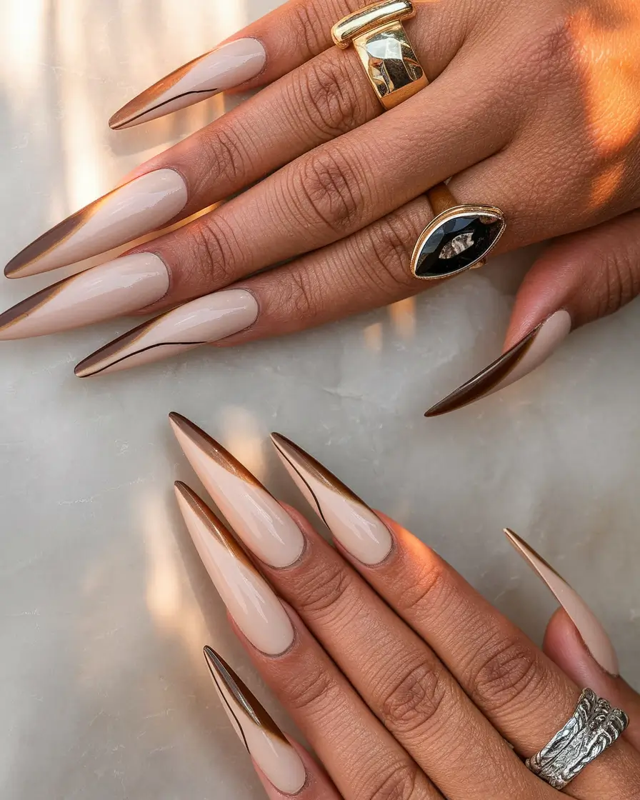 fall stiletto nails design brown Bronzed Minimalist French