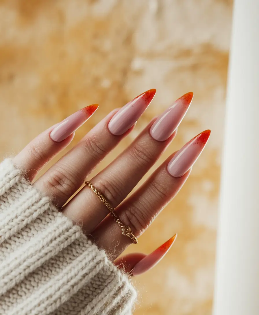 fall stiletto nails design orange Rust-Tipped Sheer Nails