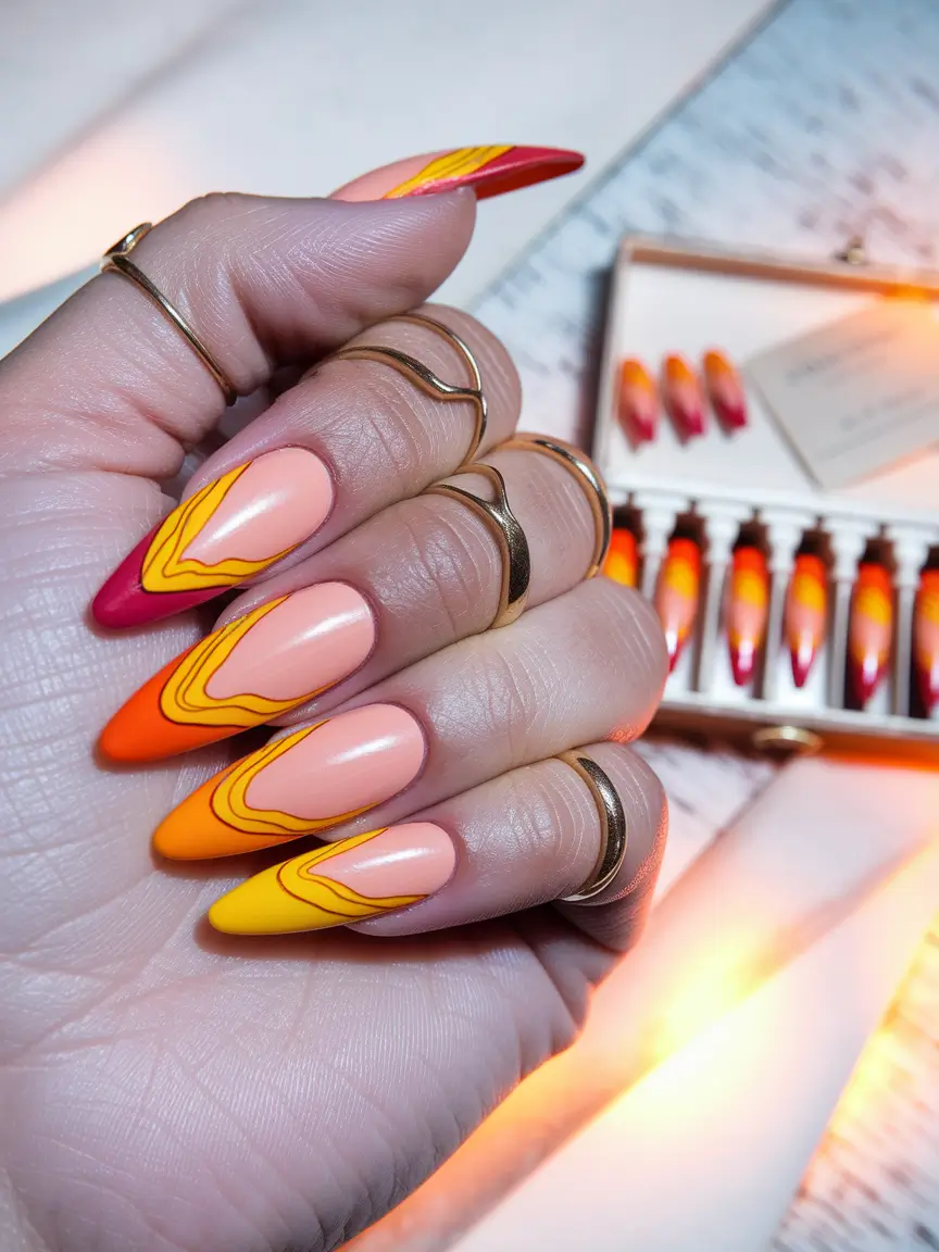 fall stiletto nails design orange Sunset Wave Abstract