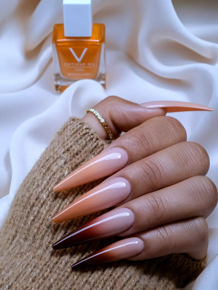 fall stiletto nails design brown Caramel to Chocolate Ombre
