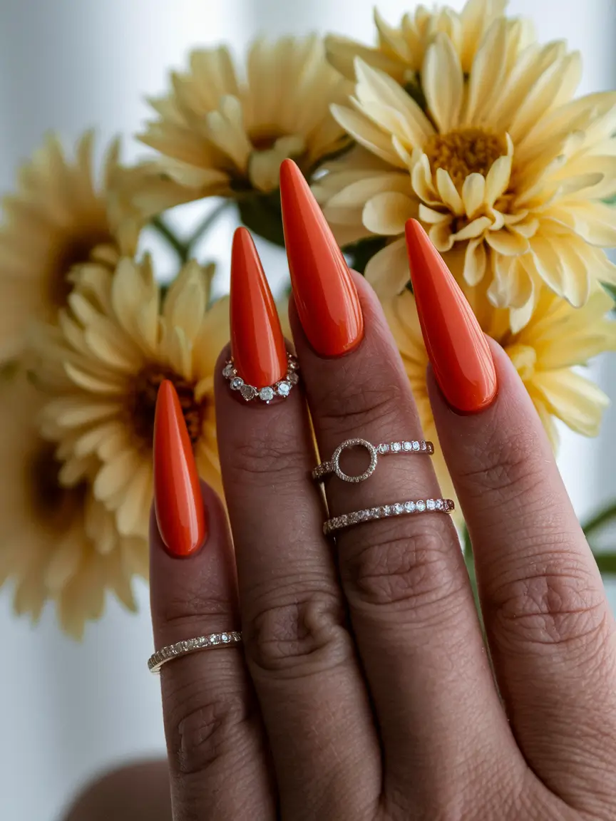 fall stiletto nails 2025 High-Impact Tangerine Energy