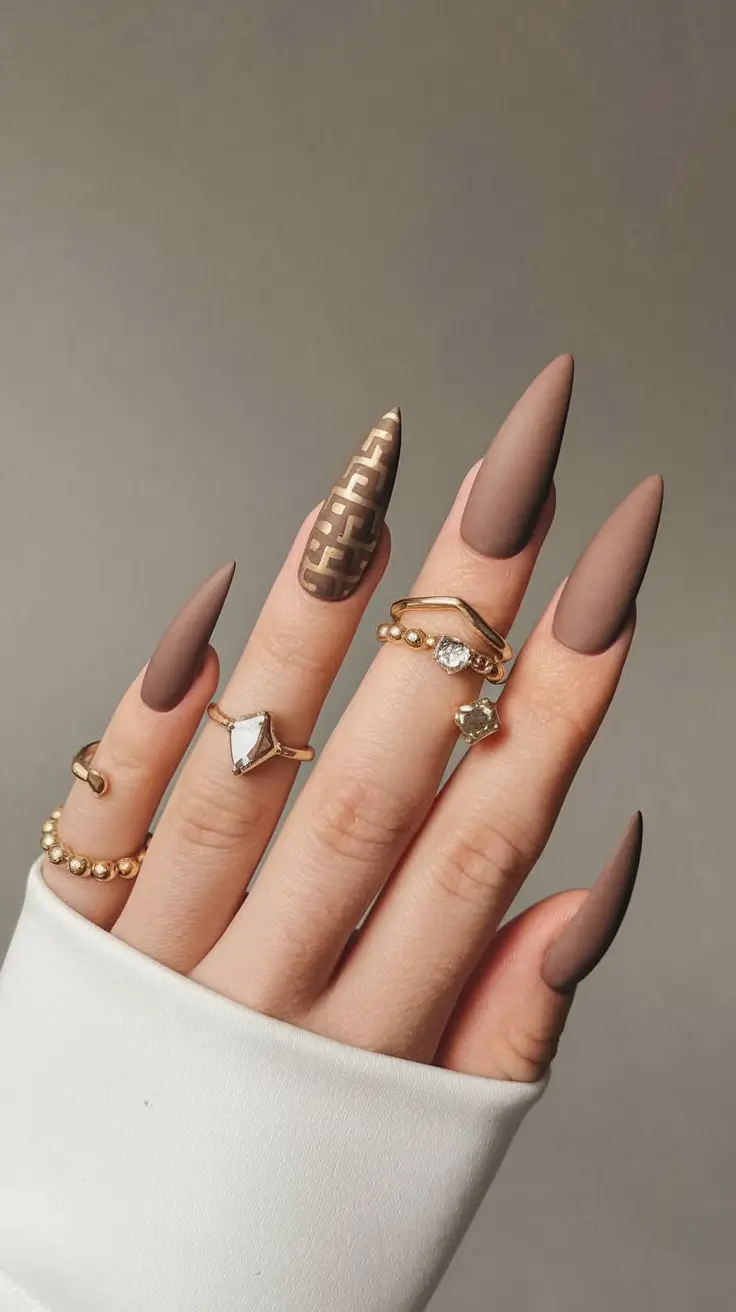 fall stiletto nails 2025 Chocolate Luxe with Geometric Accent