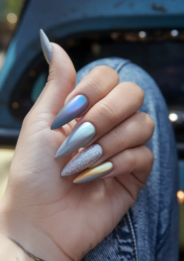 fall stiletto nails design 2025 Chrome Silver With Holographic Highlights