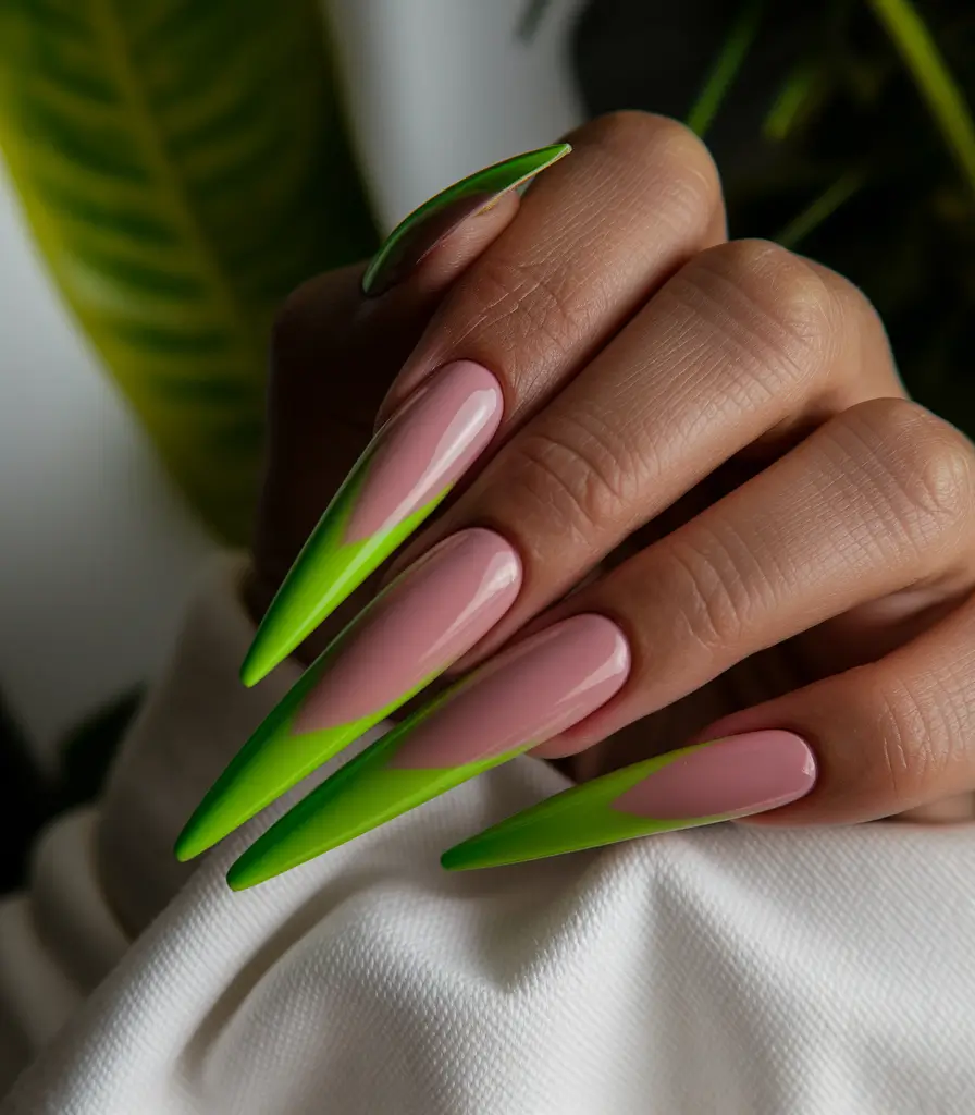 fall stiletto nails design green Neon Green Edge French