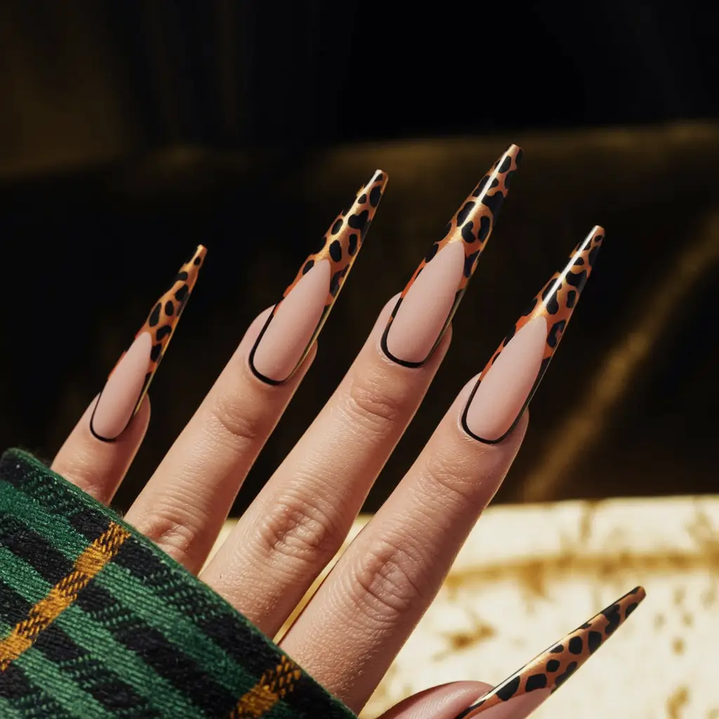 fall stiletto nails design brown Leopard Print With Black Contour