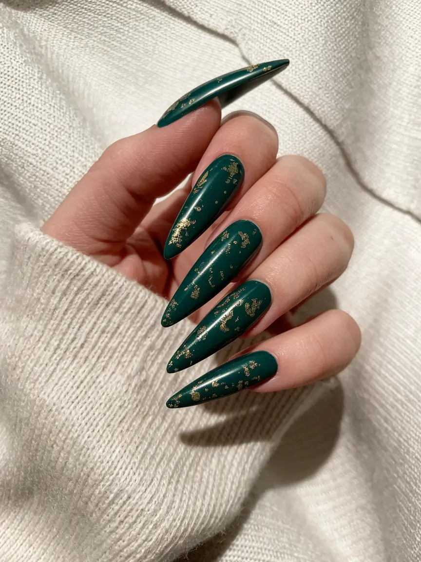 fall stiletto nails design green Emerald Green With Gold Foil