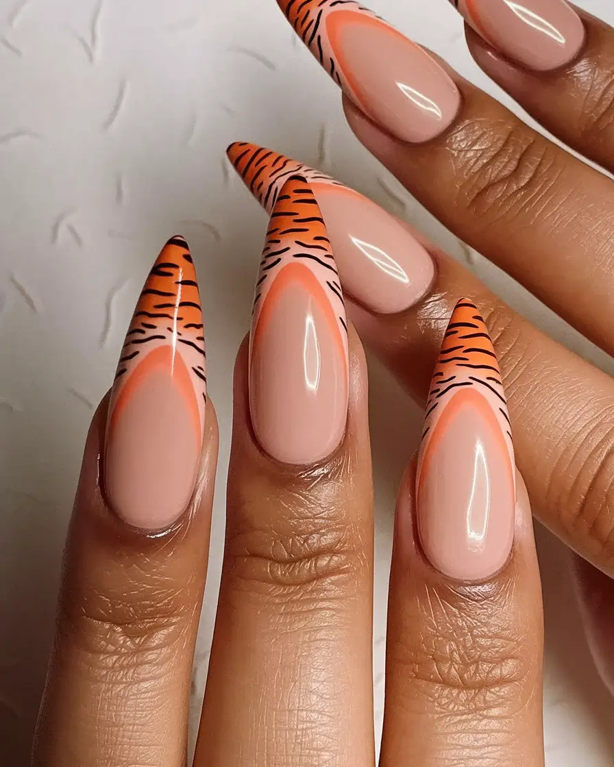 fall stiletto nails design orange Tiger Stripe French Tips