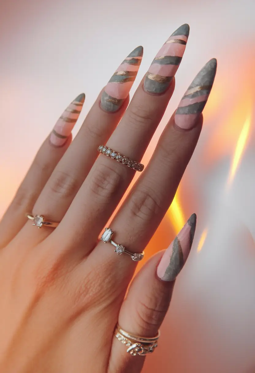 fall stiletto nails design matte Matte Geometric Stripes With Gold Accents