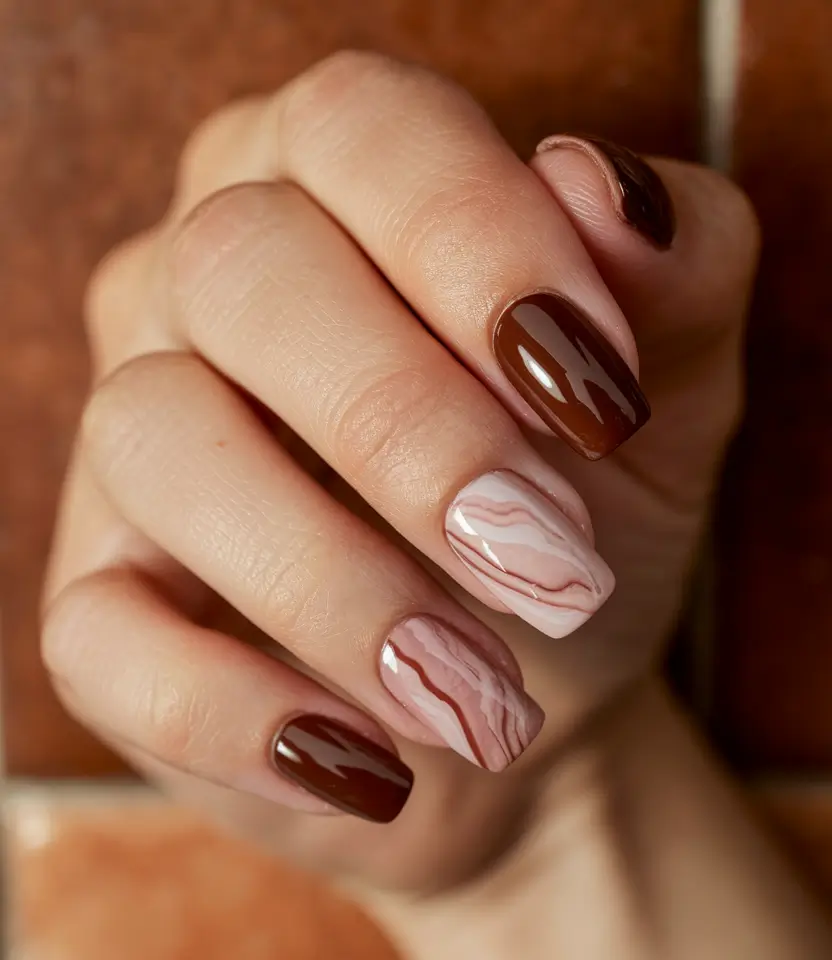 minimalist fall nails 2025 Mocha Marble Layers
