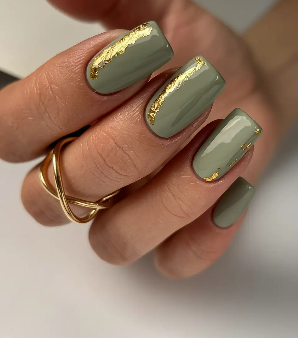 minimalist fall nails 2025 Olive Luxe with Golden Foil