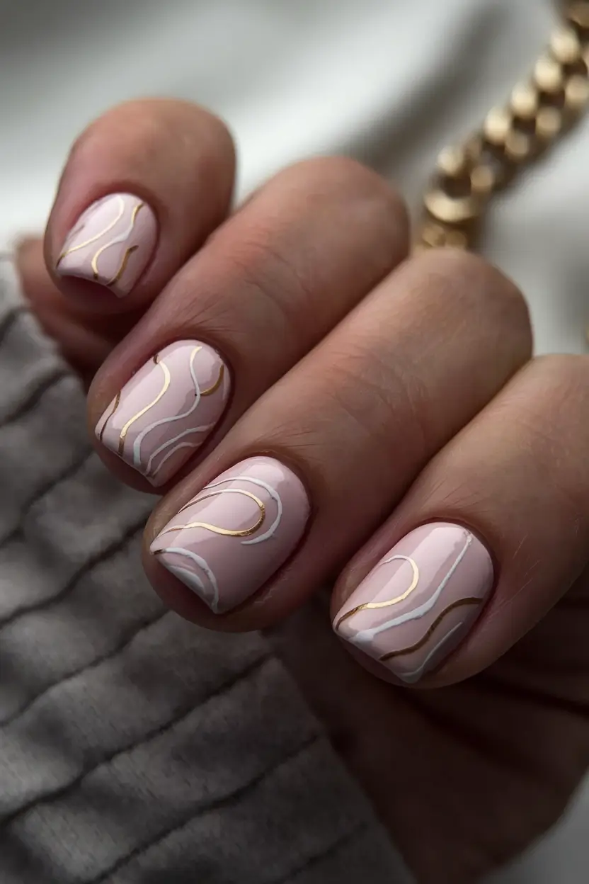 minimalist fall nails 2025 Soft Pink Swirls with Metallic Accents