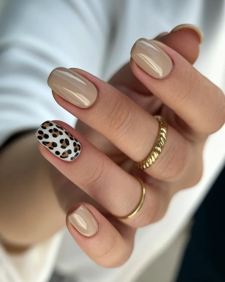 neutral fall nails 2025 Beige Neutral with Leopard Accent