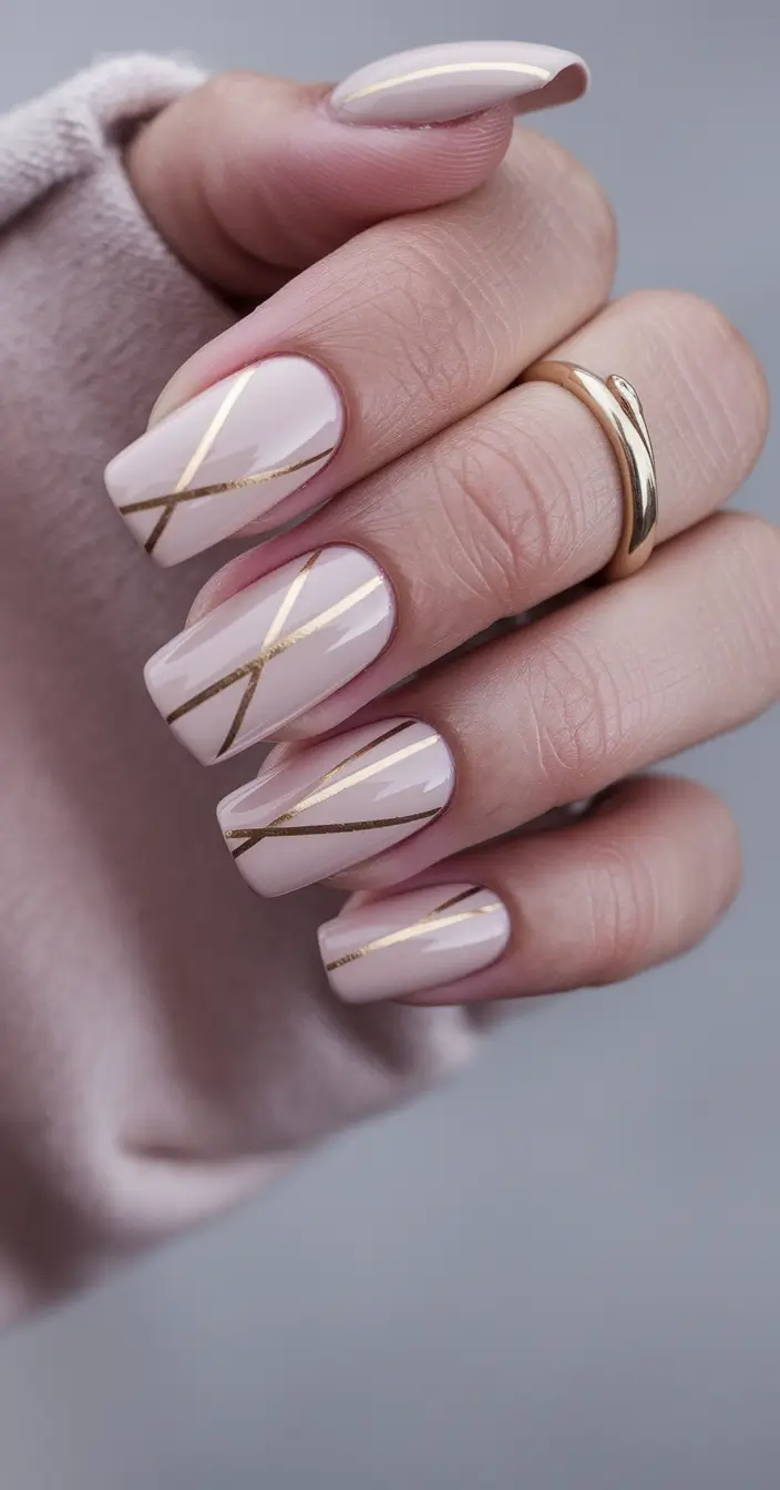 neutral fall nails 2025 Geometric Gold on Nude