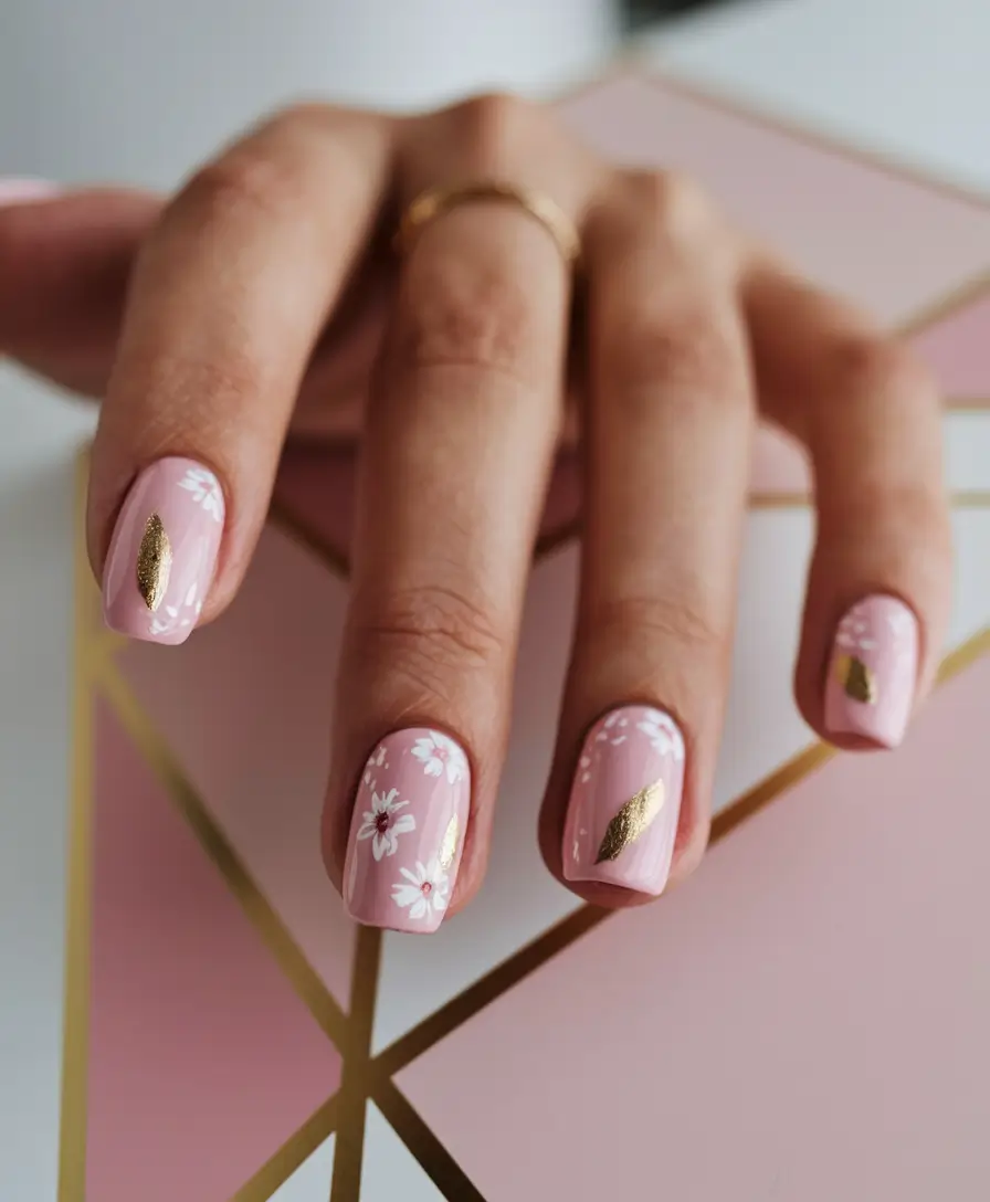 neutral fall nails 2025 Blush Base with Gold Foil & Florals