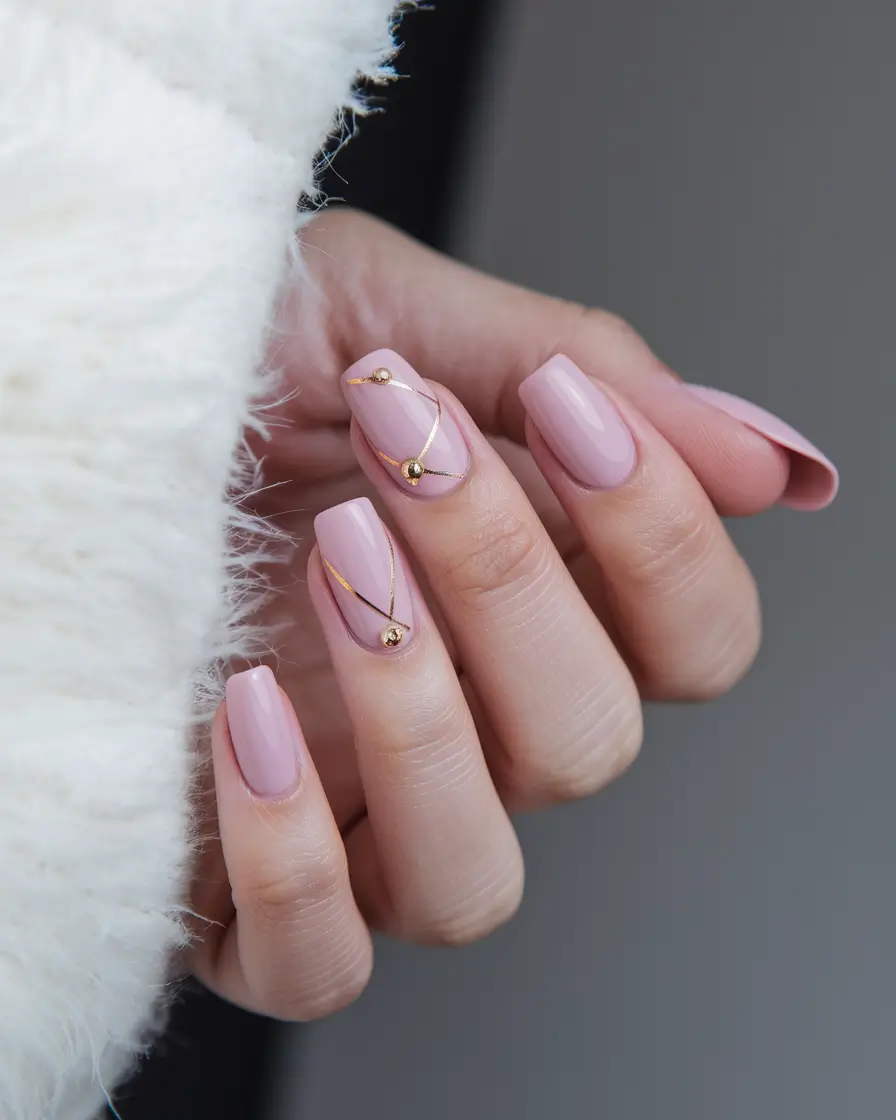 neutral fall nails 2025 Blush Elegance with Golden Threads