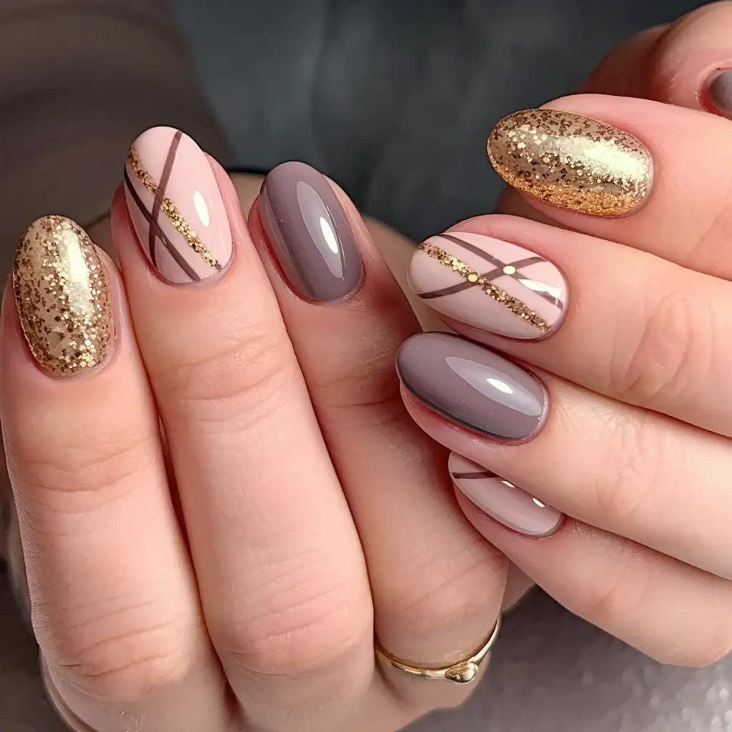 round fall nails 2025 Glitter & Taupe Geometry