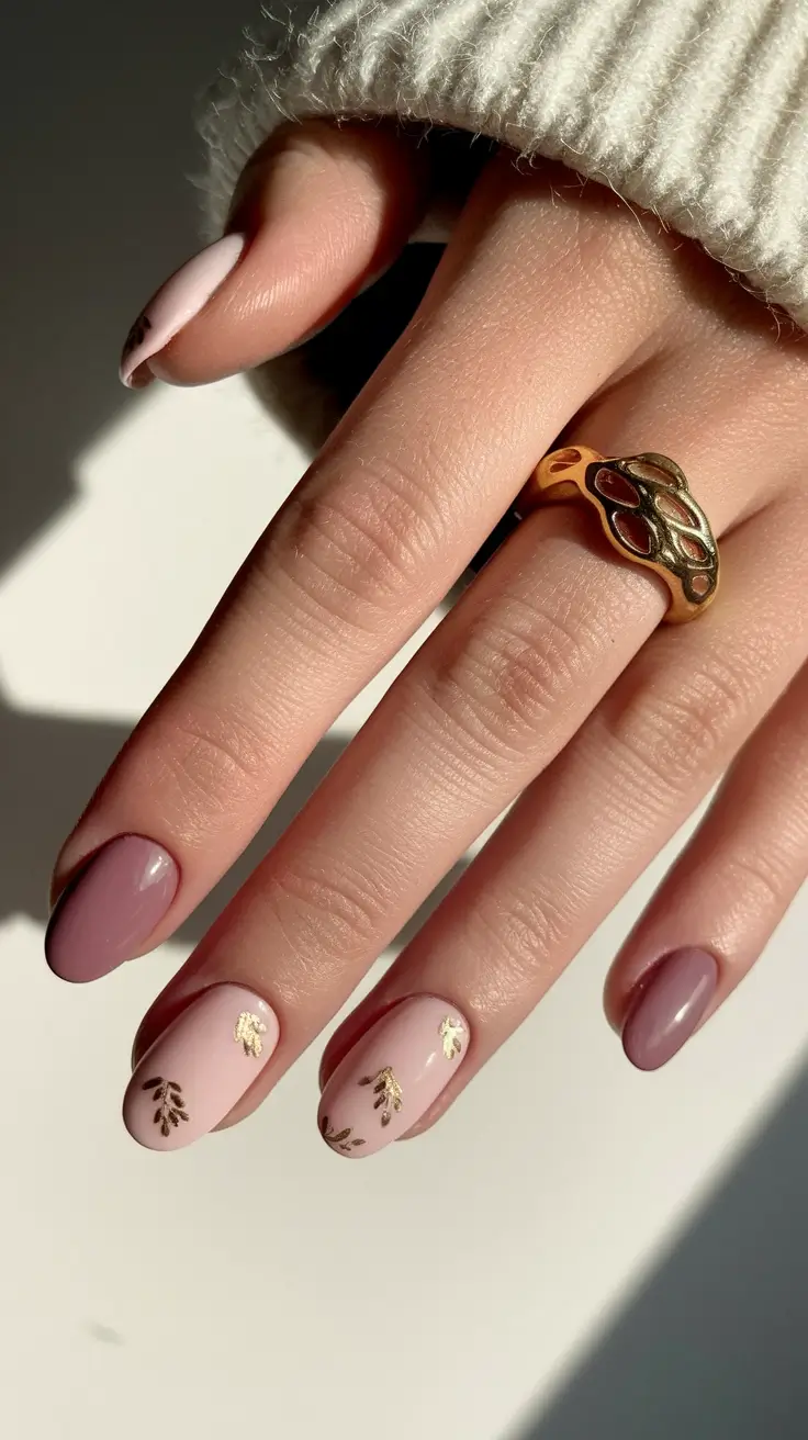 round fall nails 2025 Muted Mauve with Gold Leaf