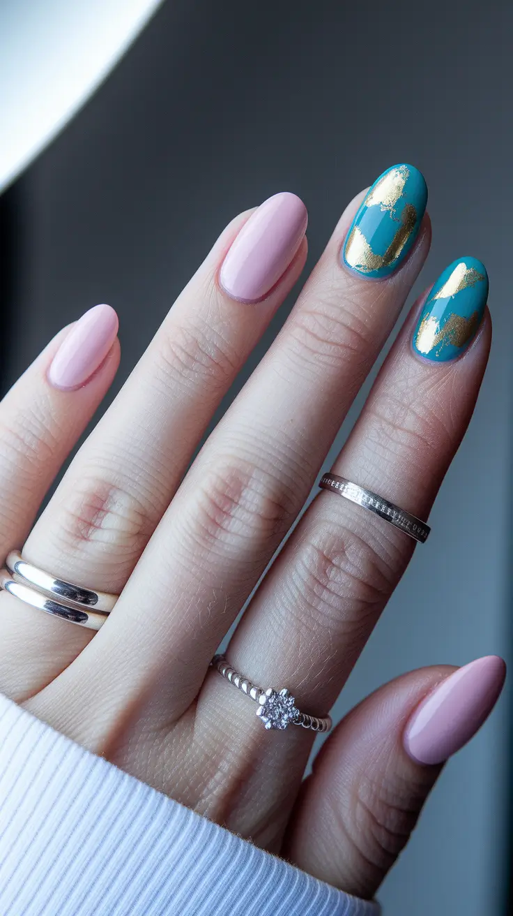 round fall nails long Blush & Teal Goldleaf Harmony