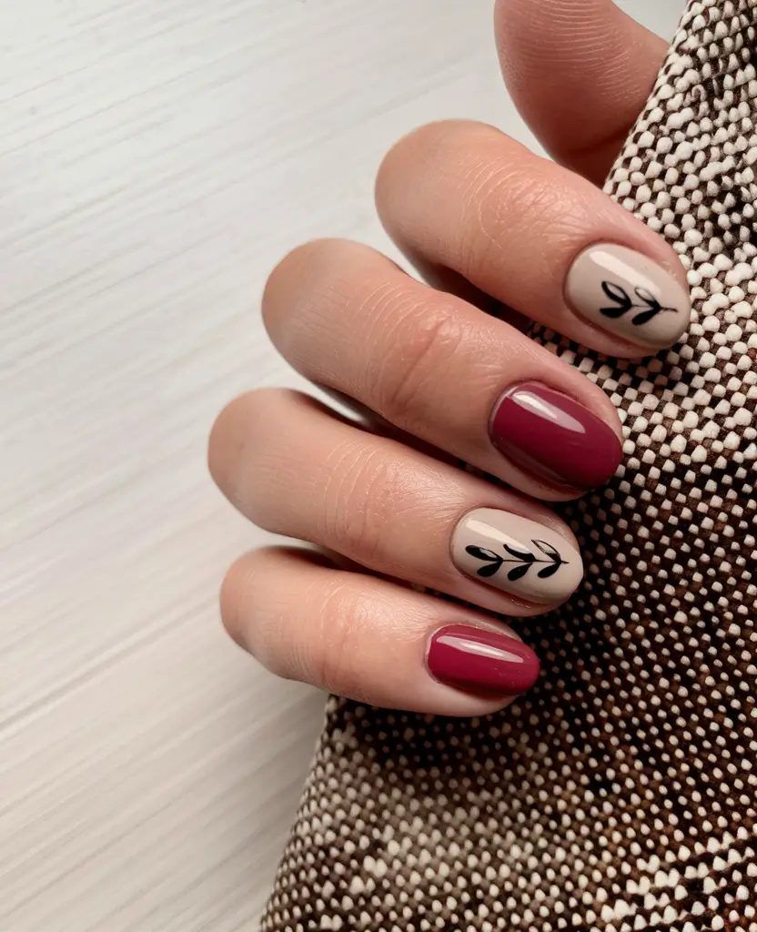 round fall nails 2025 Burgundy & Botanical Accent