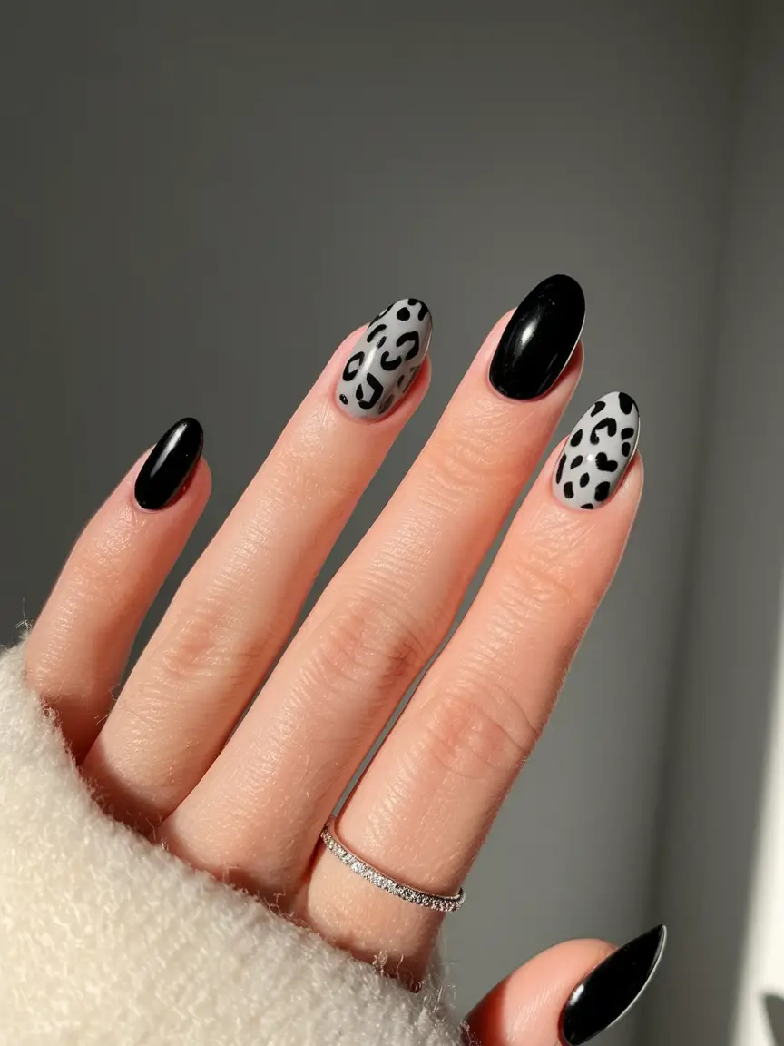 round fall nails 2025 Monochrome Leopard Drama