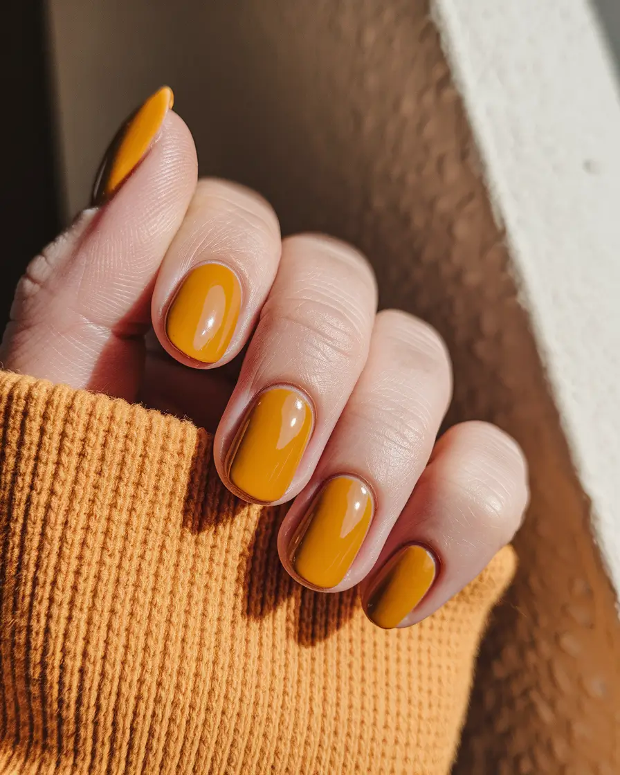 round fall nails 2025 Golden Mustard Glow