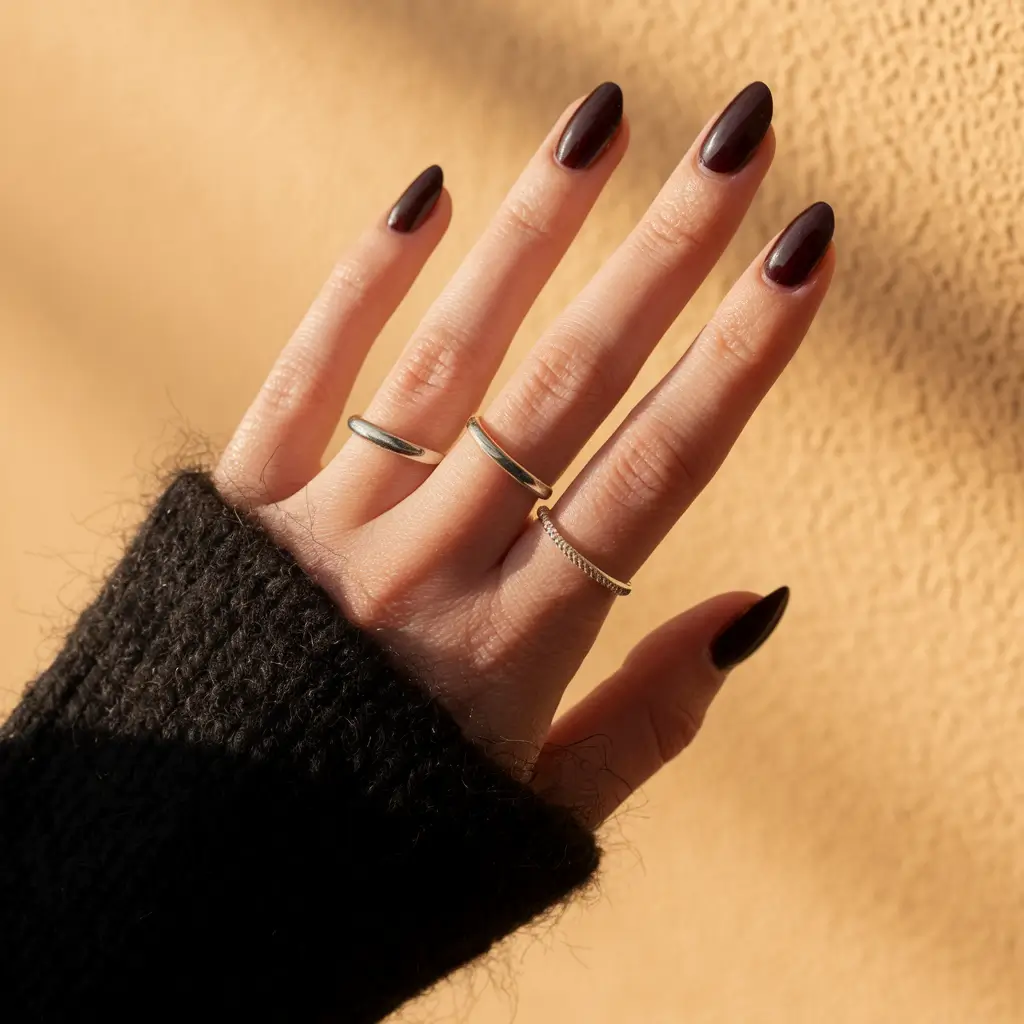 short fall nails trends 2025 – Oxblood Cherry Short Almond Glow