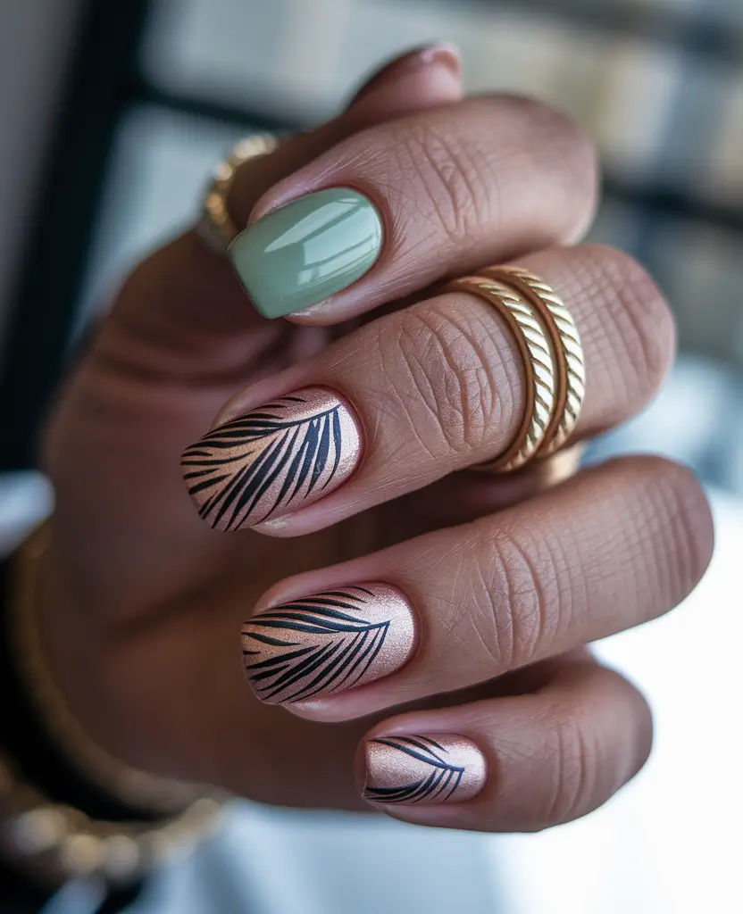 short fall nails trends 2025 – Sage & Rose-Gold with Graphic Leaves