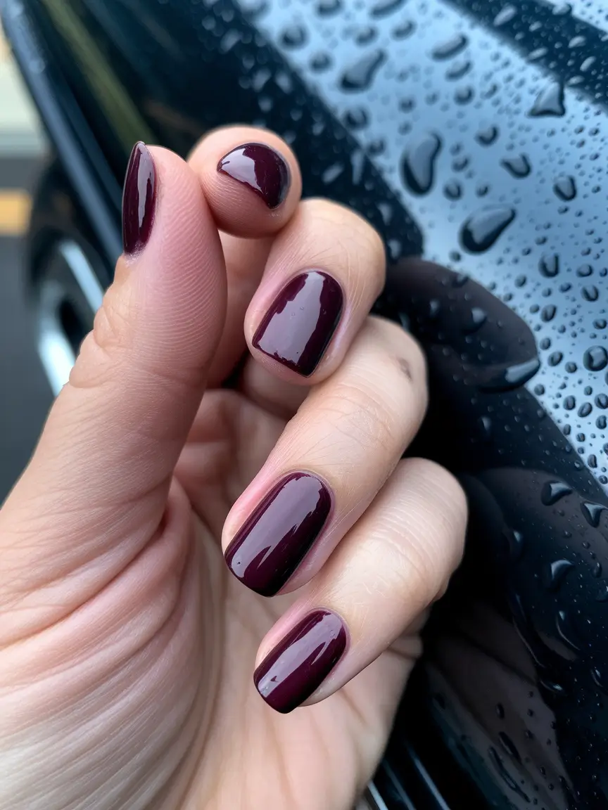 short fall nails trends 2025 – Glossy Merlot Micro-Squoval