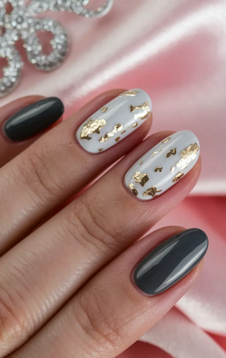 short fall nails trends 2025 – Porcelain Foil with Graphite Accents