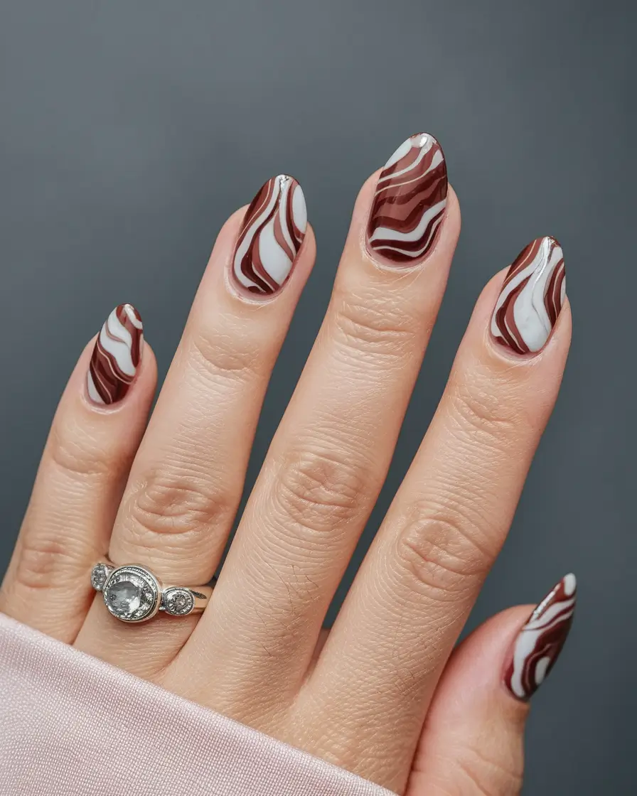 short fall nails trends 2025 – Mocha Marble Short Almond