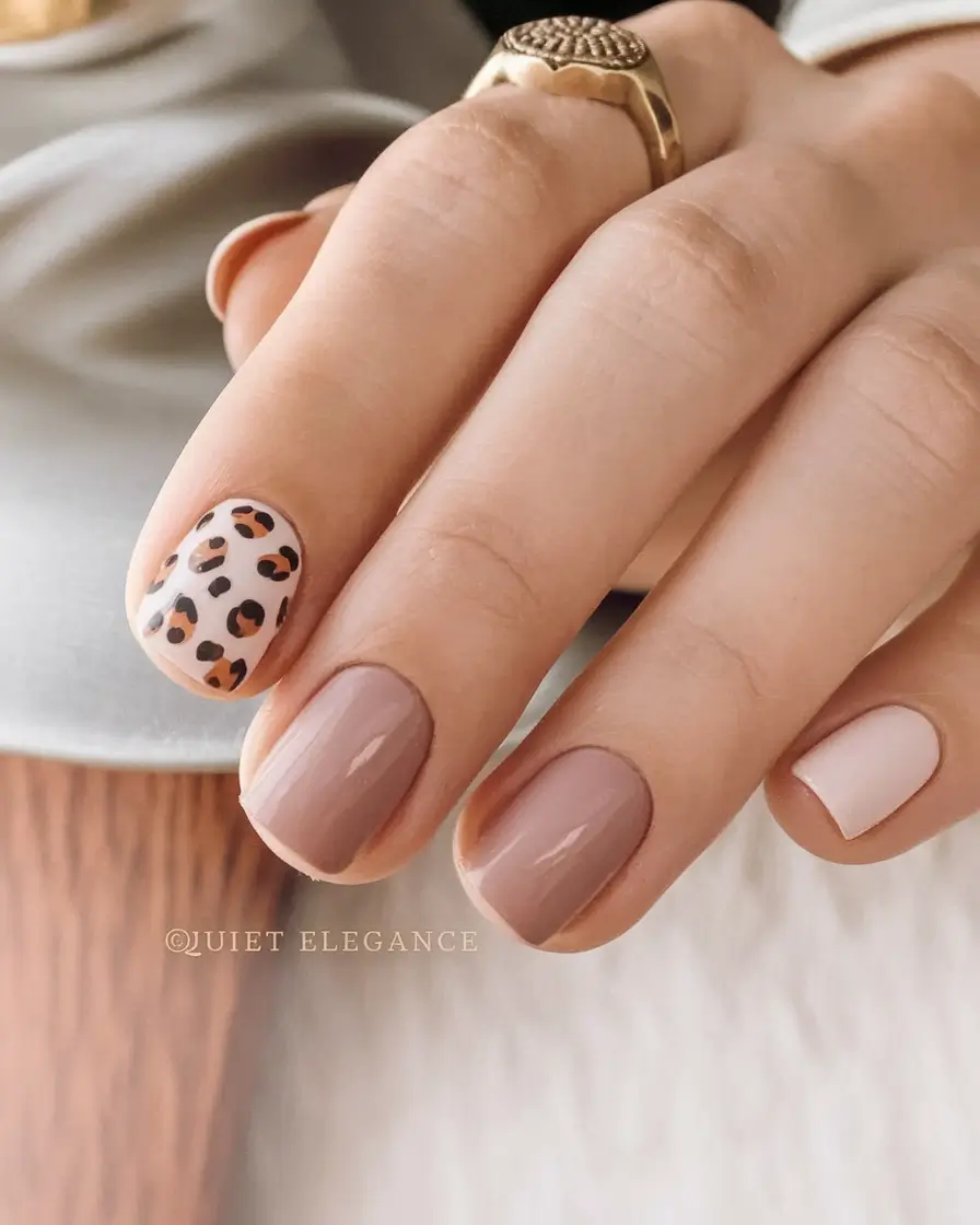short fall nails trends 2025 – Café au Lait + Petite Leopard Accent