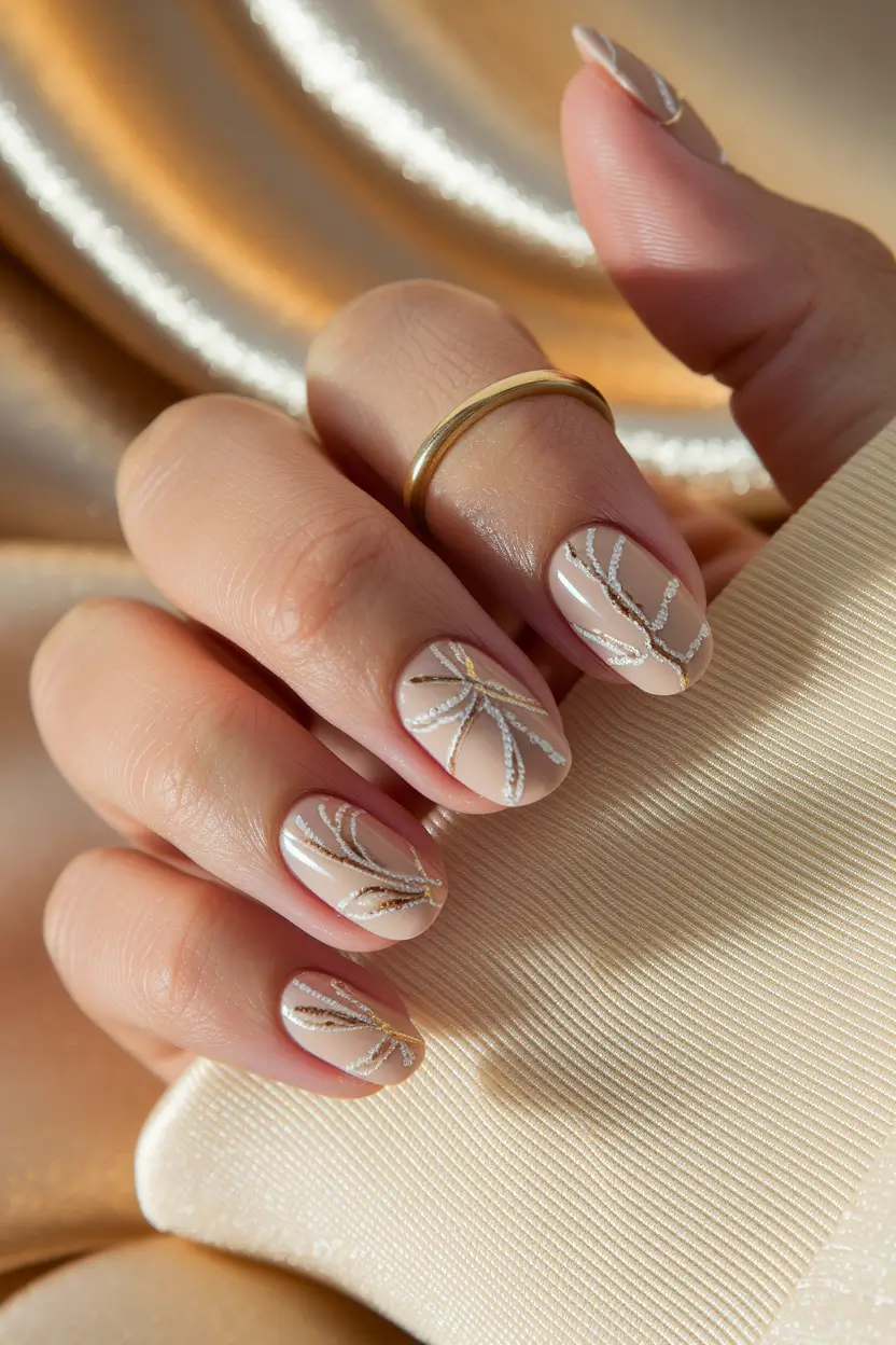 short fall nails trends 2025 – Champagne Branchwork on Nude