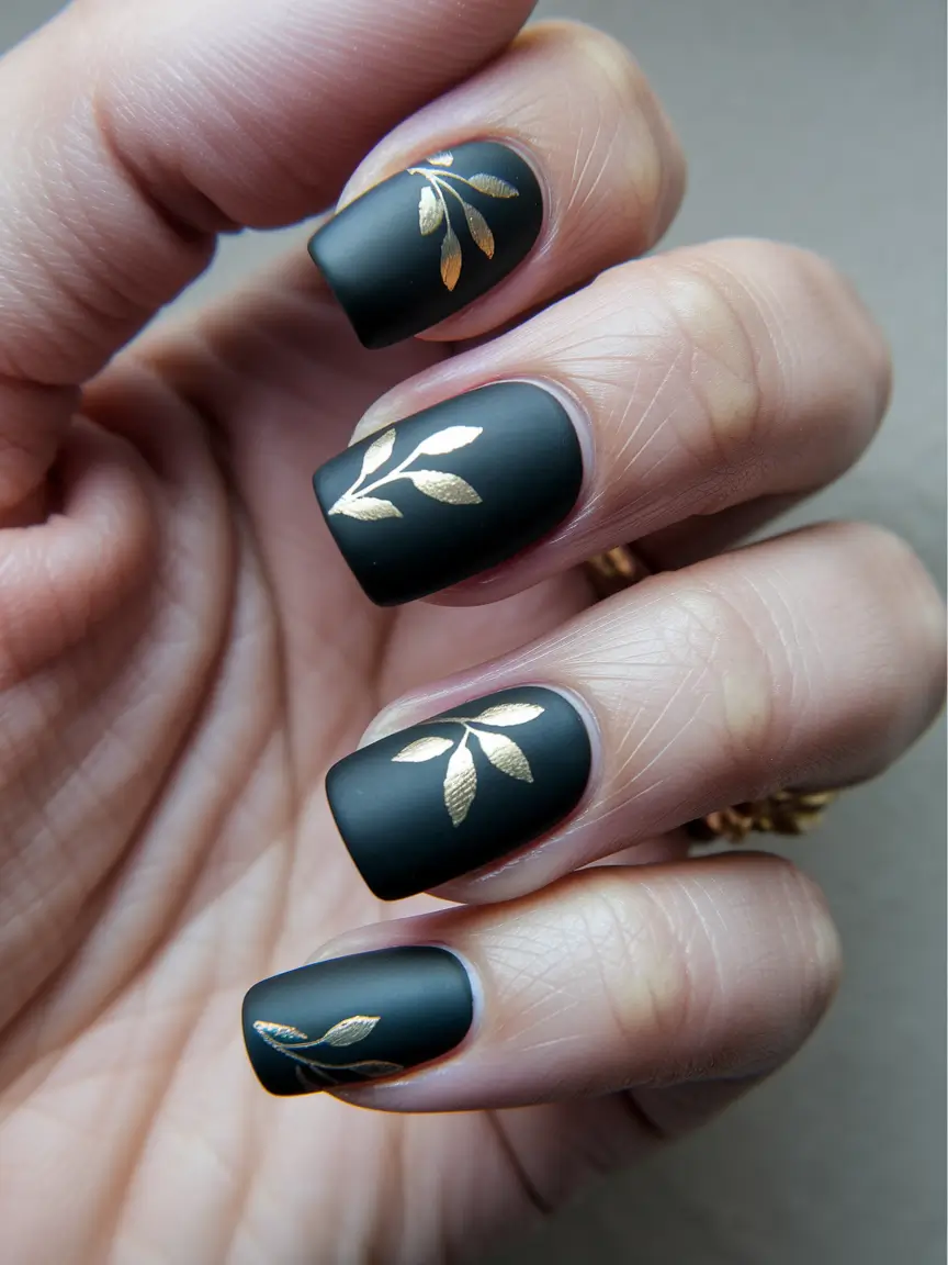 short fall nails trends 2025 – Matte Black with Gilded Botanicals