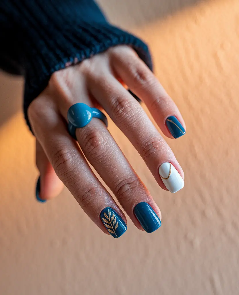 short fall nails trends 2025 – Teal & Porcelain Mix with Fine Gold Accents