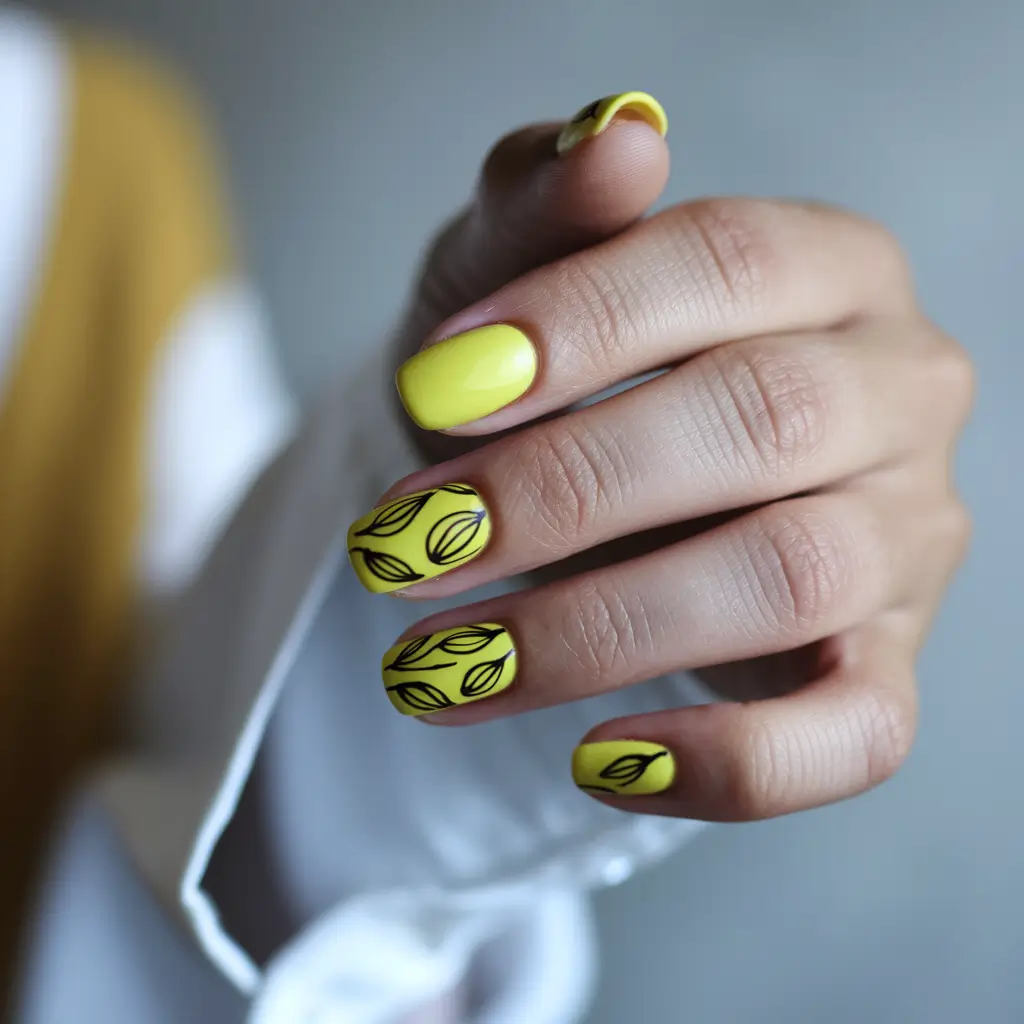 short fall nails trends 2025 – Citrus Pop Art Leaves