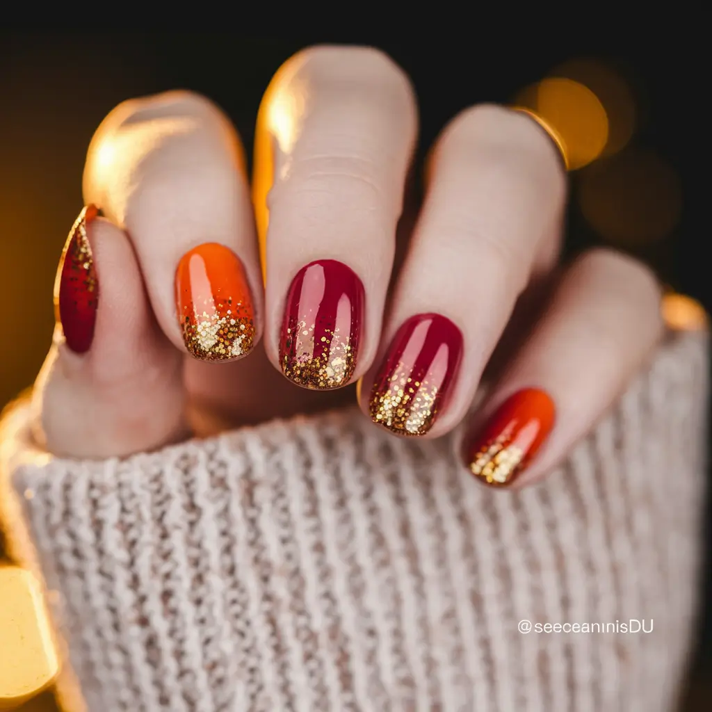 short fall nails trends 2025 – Cider-Toffee Glitter Gradient