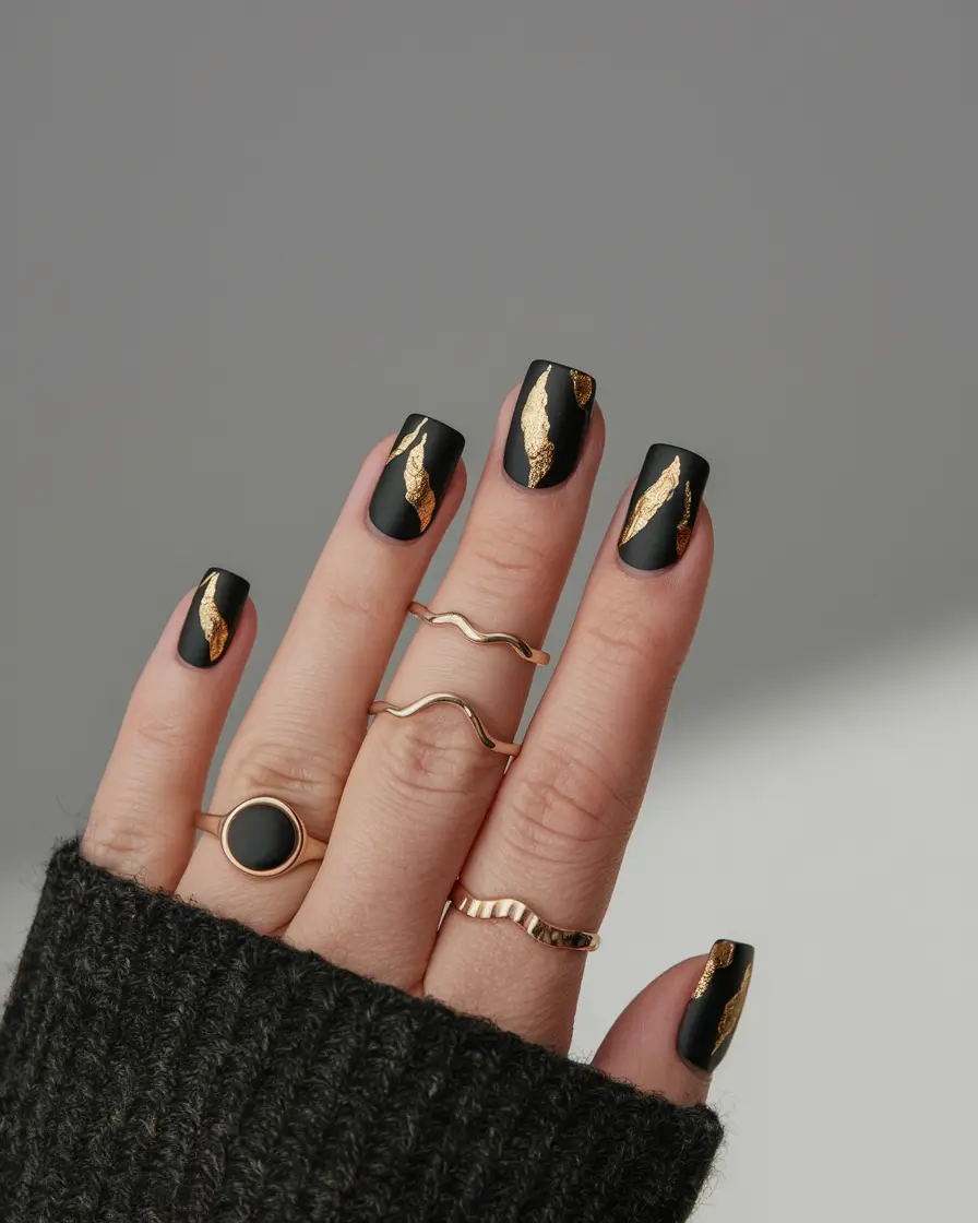 short fall nails trends 2025 – Kintsugi Foil on Velvet Black Squares